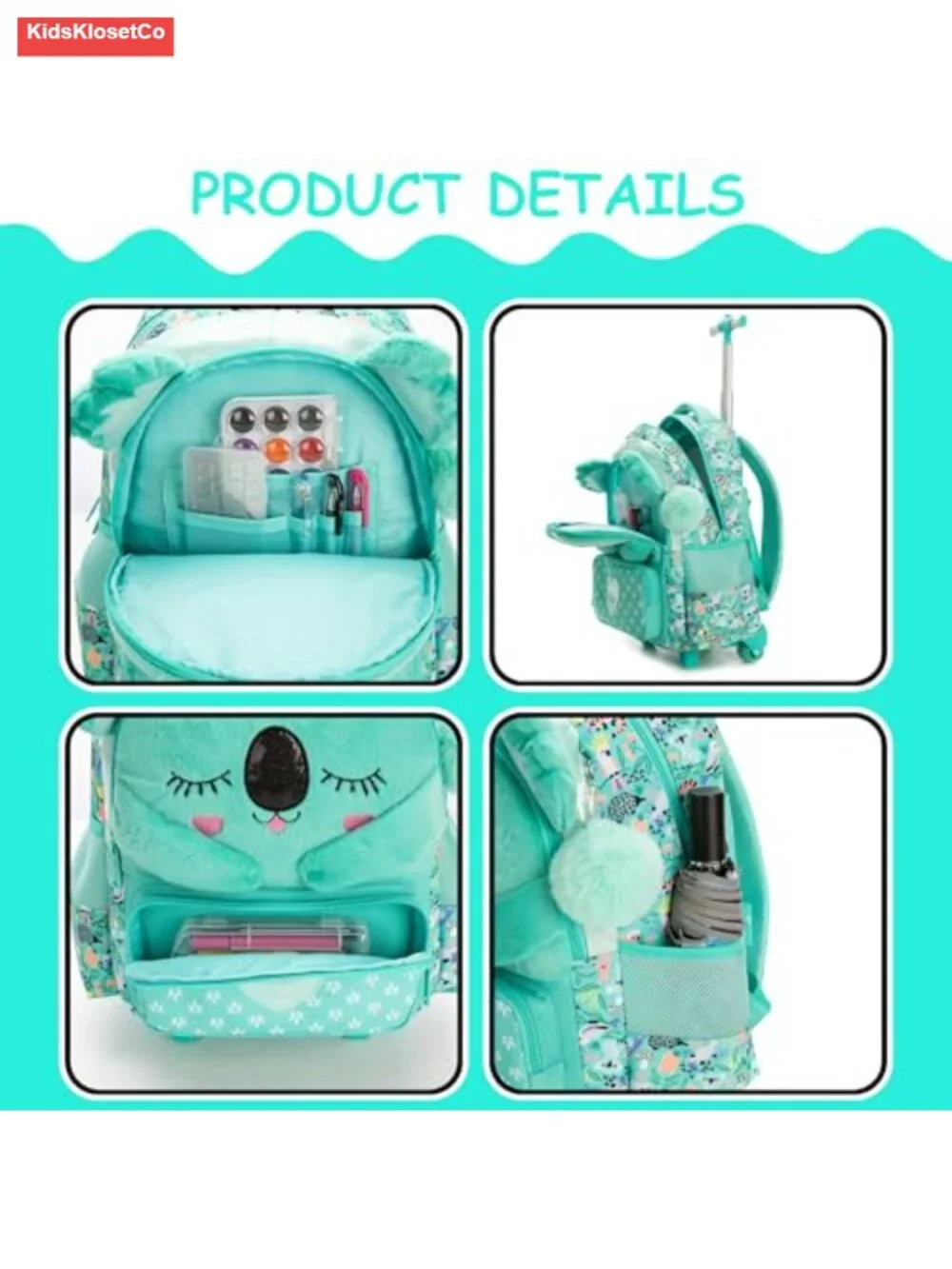 Rolling Backpack for Kids with Lunch Box & Pencil Case Wheeled Trolley Bag